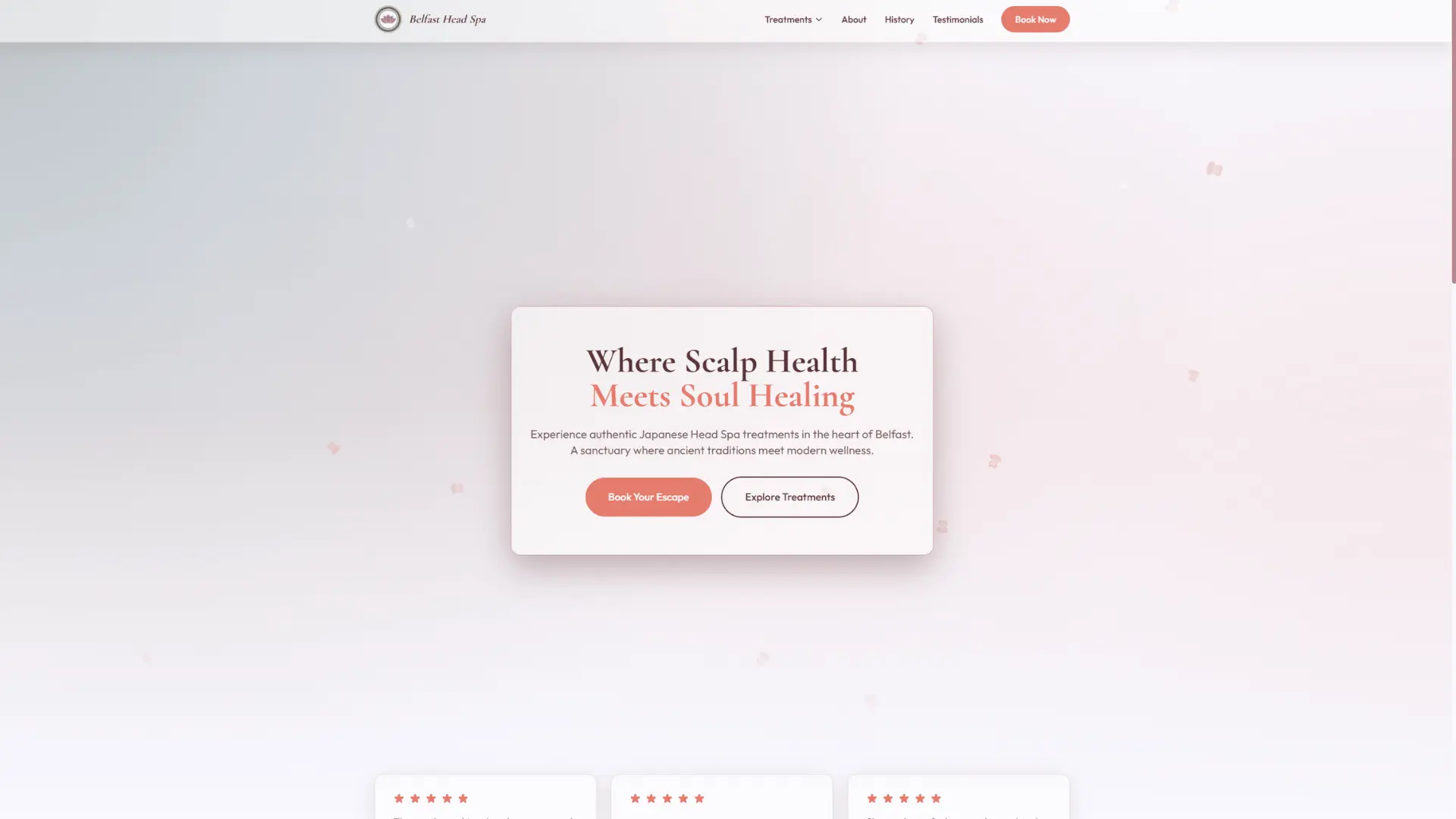 Belfast Head Spa homepage with glassmorphic design