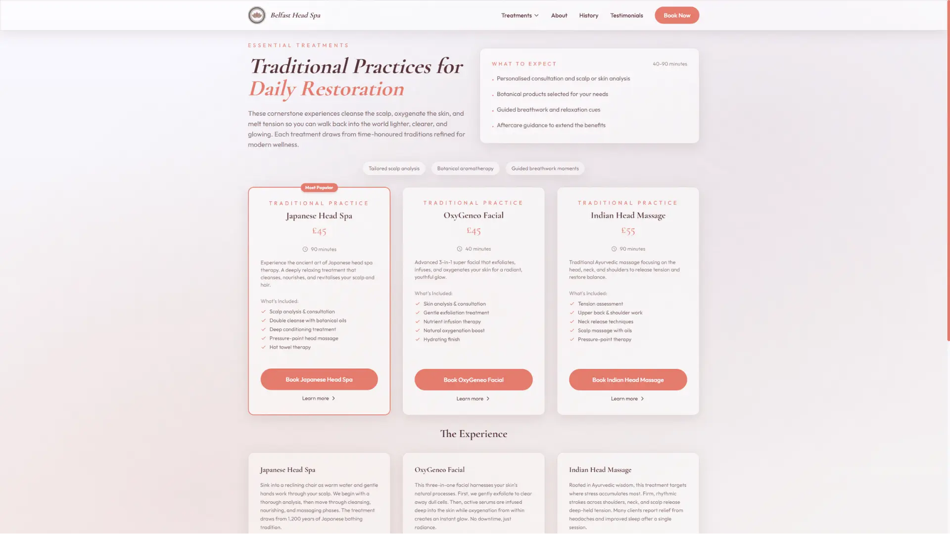 Belfast Head Spa treatments page displaying service offerings