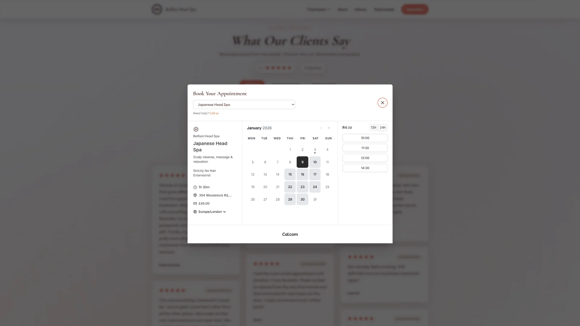 Belfast Head Spa booking page with Cal.com integration