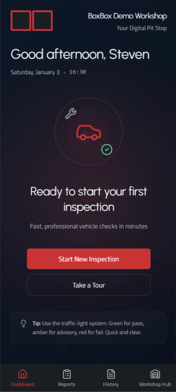 BoxBox dashboard with vehicle overview